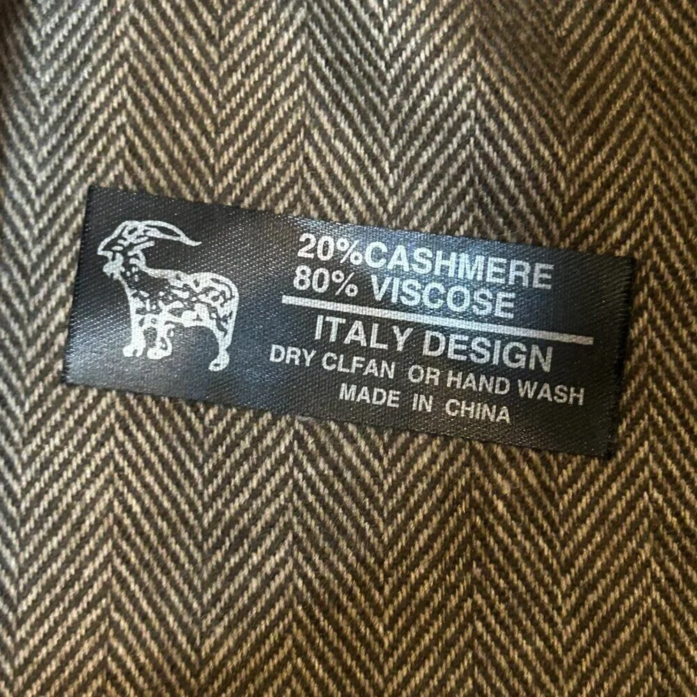Italian Design Brown Herringbone Cashmere Blend Scarf with Fringe